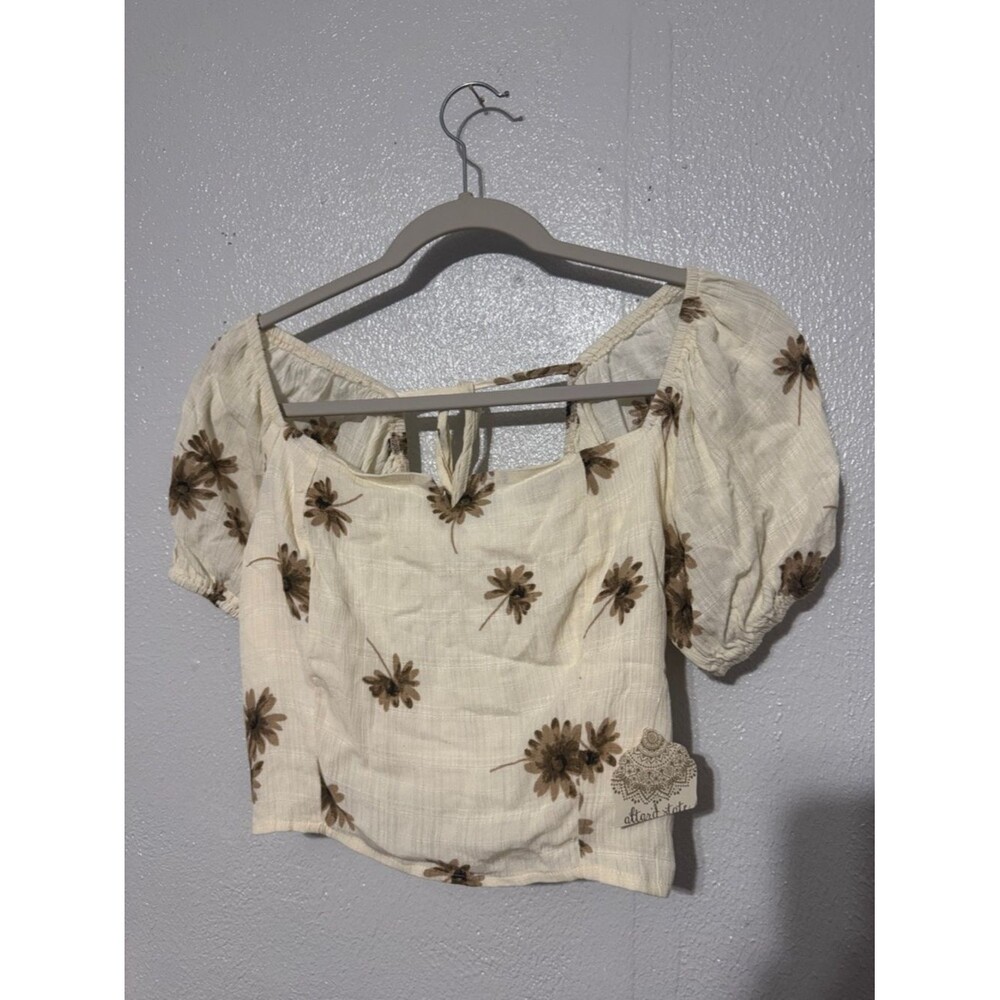 Altar'd State Floral Puff Sleeve Crop Top Cream Sage Green Cottagecore Boho S